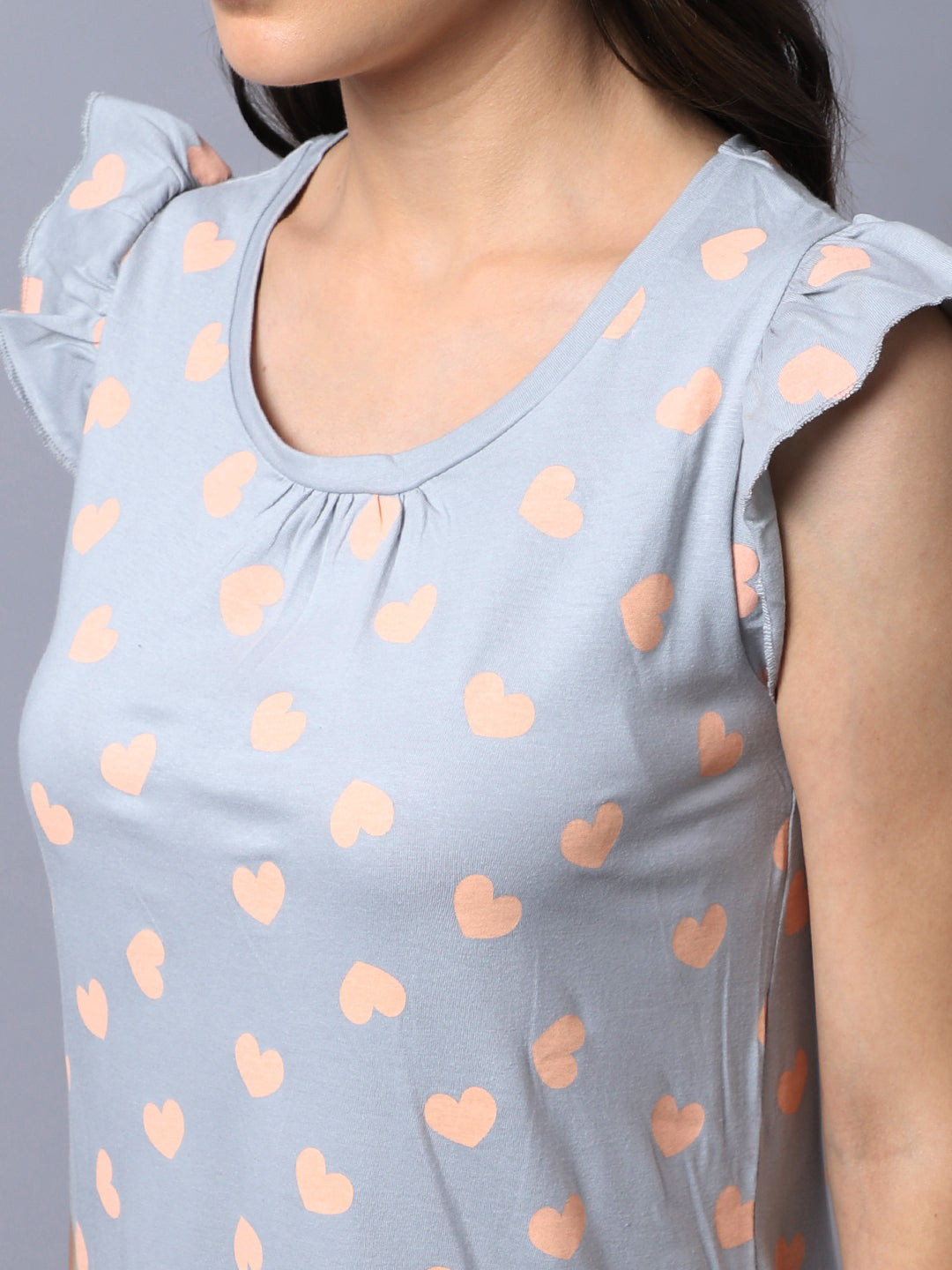 Peach Me Heart Printed Nightdress in Grey - 100% Cotton