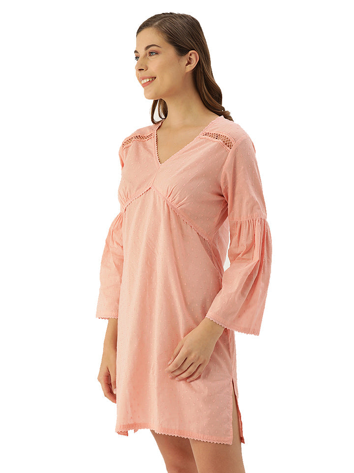 Slumber Jill Cyril Rose Pink Dobby Self Design Bell Sleeves Night Dress