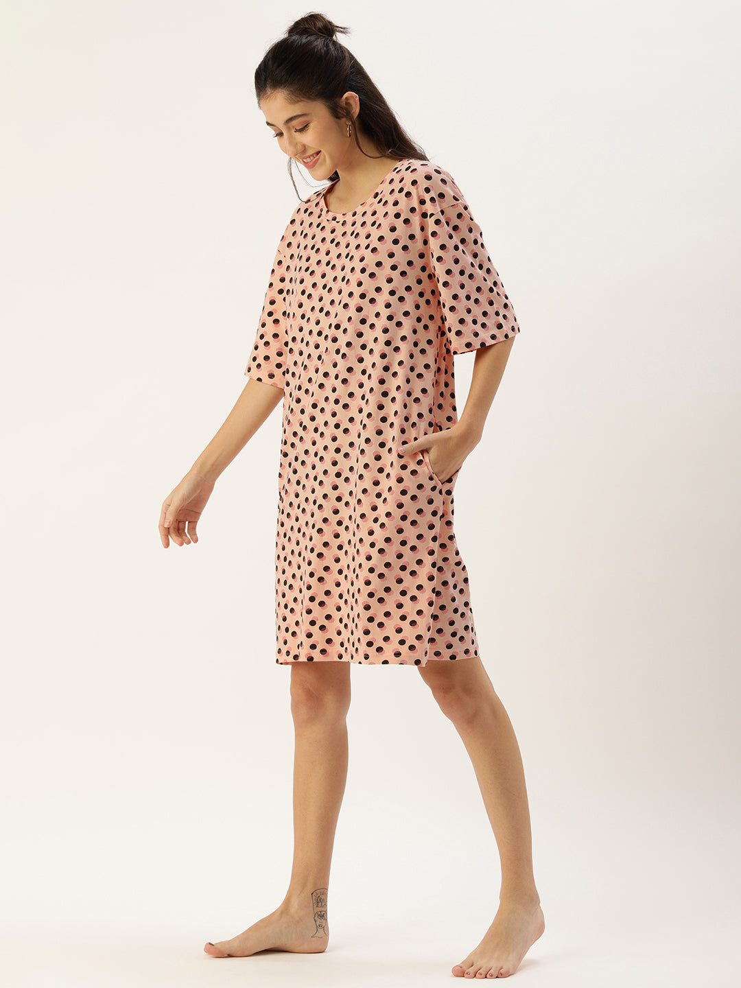 Oversized Polka Party T-Shirt Dress in Peach - 100% Cotton