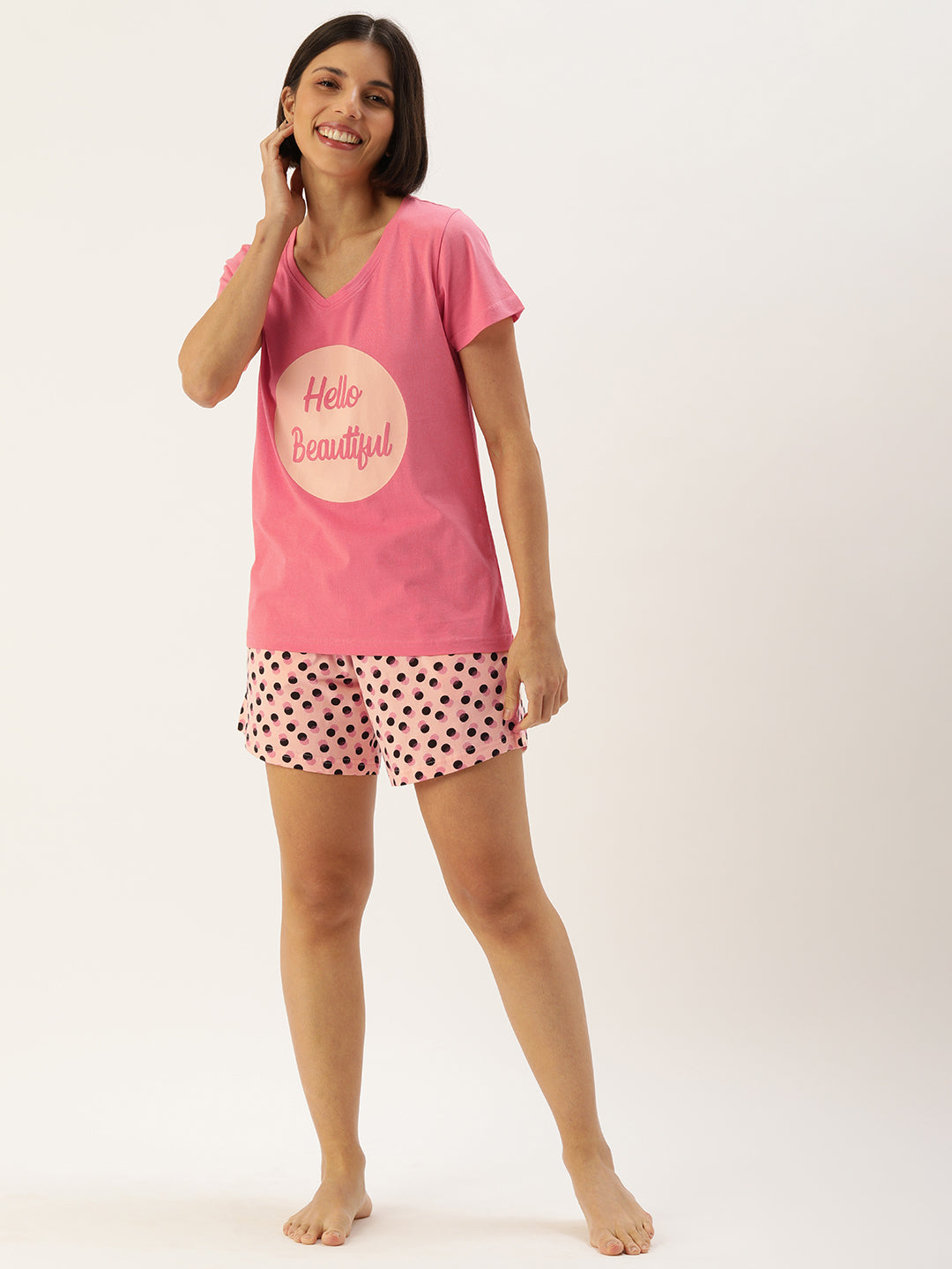 Hello Beautiful Polka Printed Shorts Set in Dusty Pink & Peach