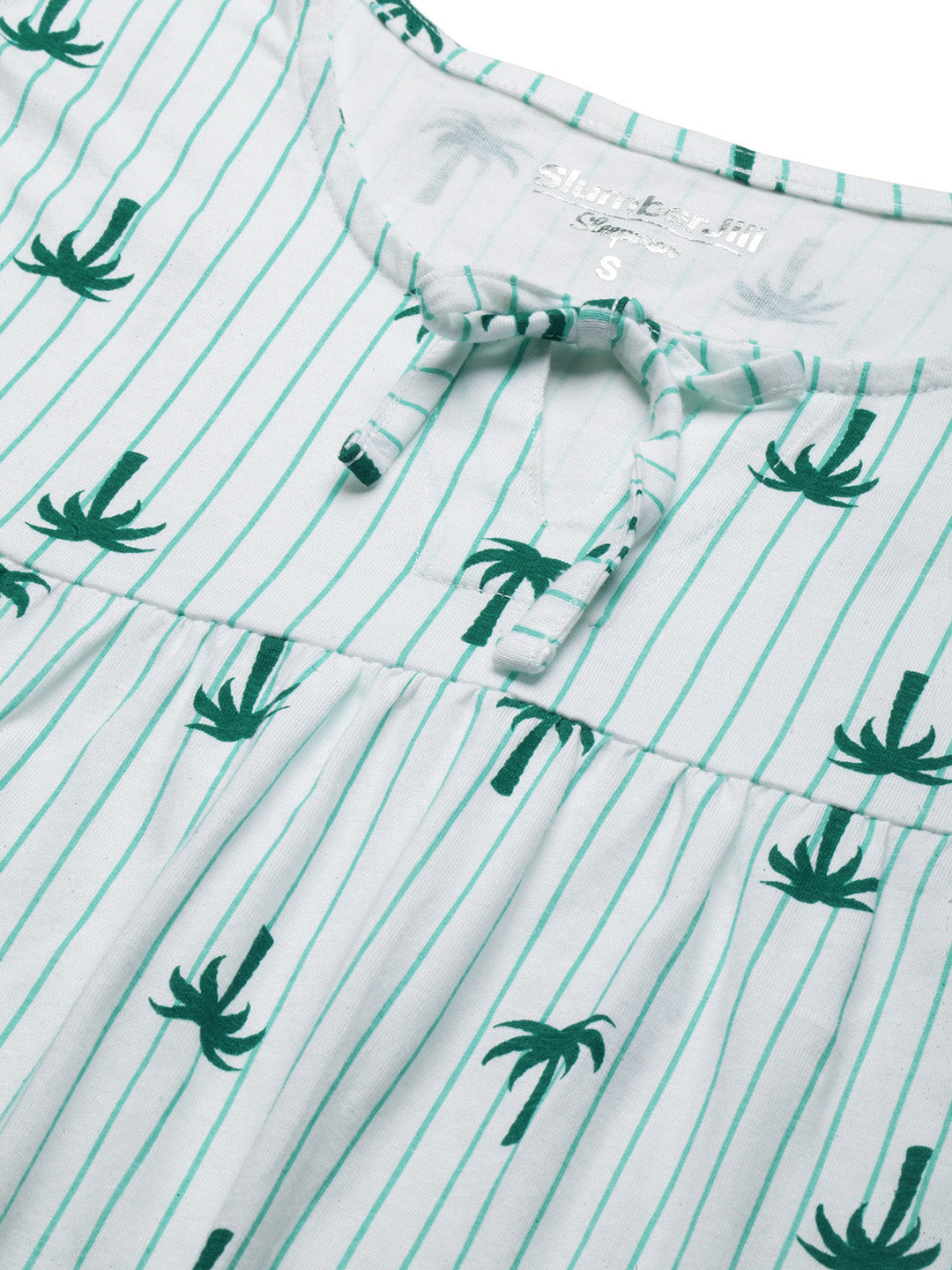 Green Stripes & Palm Tree Printed Nightdress in White