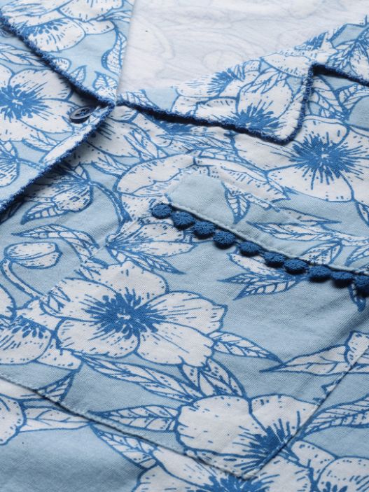 Blue Flower AOP Full Open Sleep Shirt