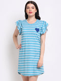 Heart & Stripes frilled Sleeves Nightdress in blue
