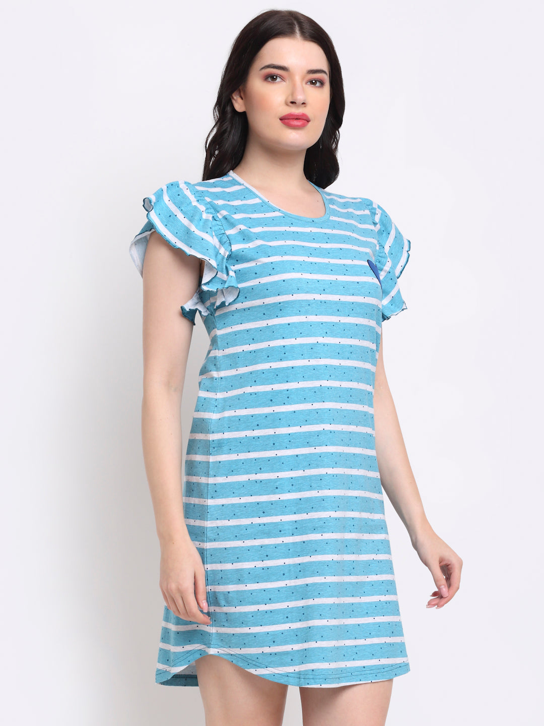 Heart & Stripes frilled Sleeves Nightdress in blue